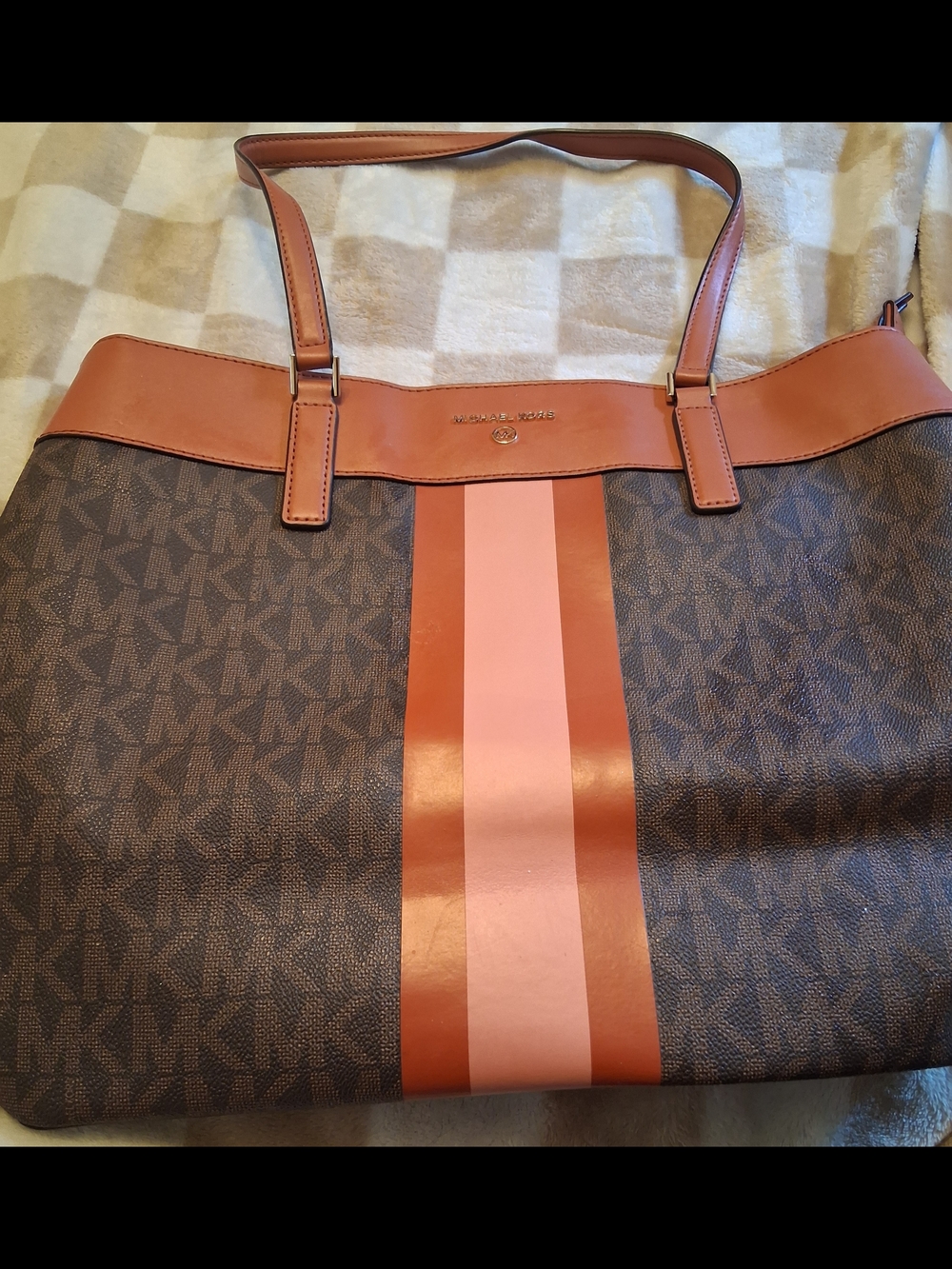 Michael Kors Brown Logo Stripe Tote Bag with Pink Accent